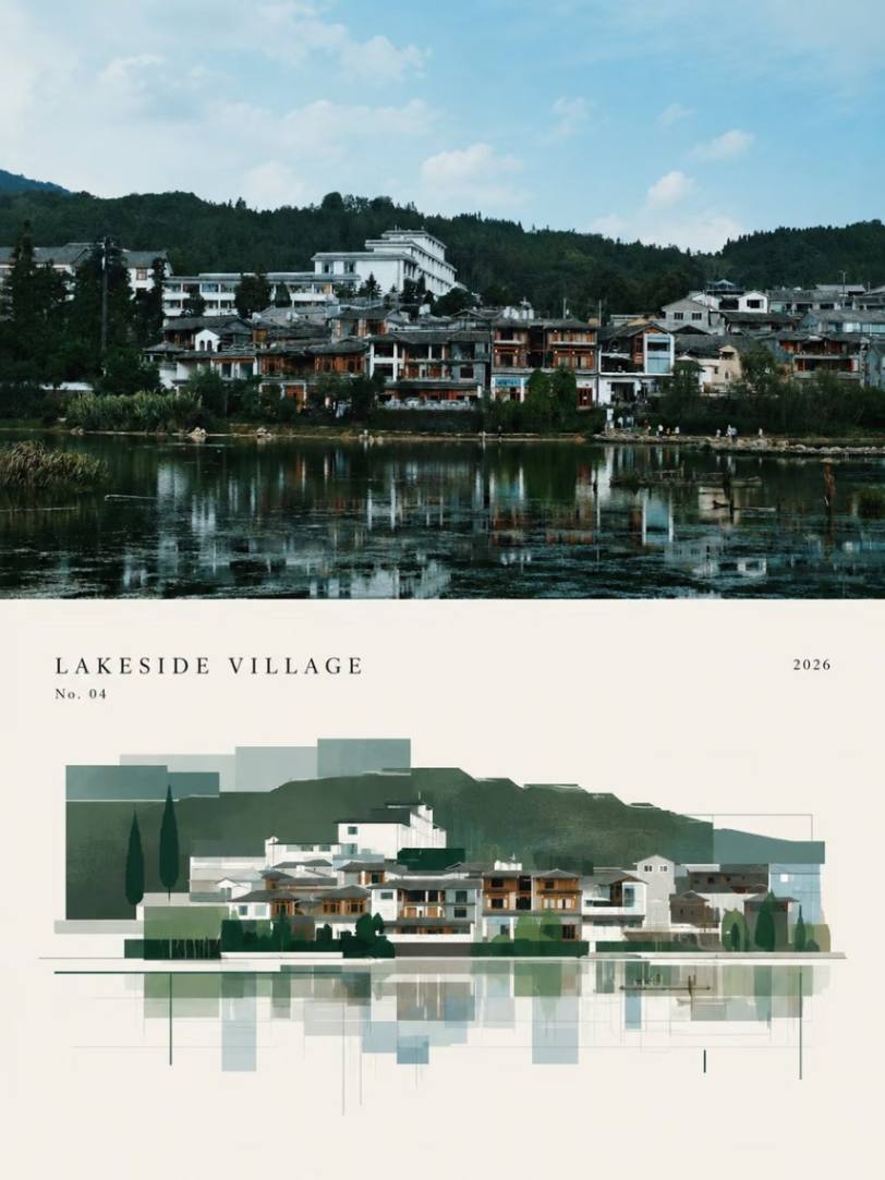 湖畔村落实景与几何构成海报